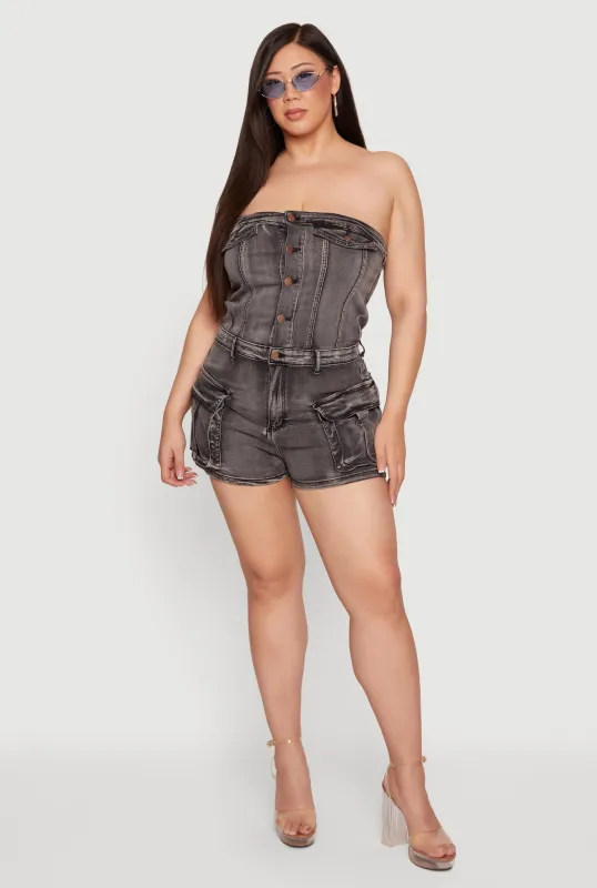 Plus Size Acid Wash Cargo Pocket Denim Romper made by Daisy