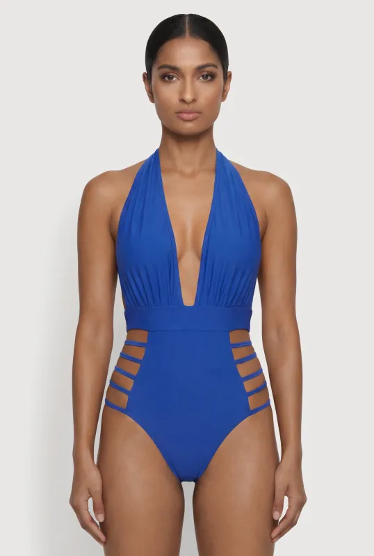 Side Caged Tie Back Halter Neck One Piece Swimsuit made by Rainbow