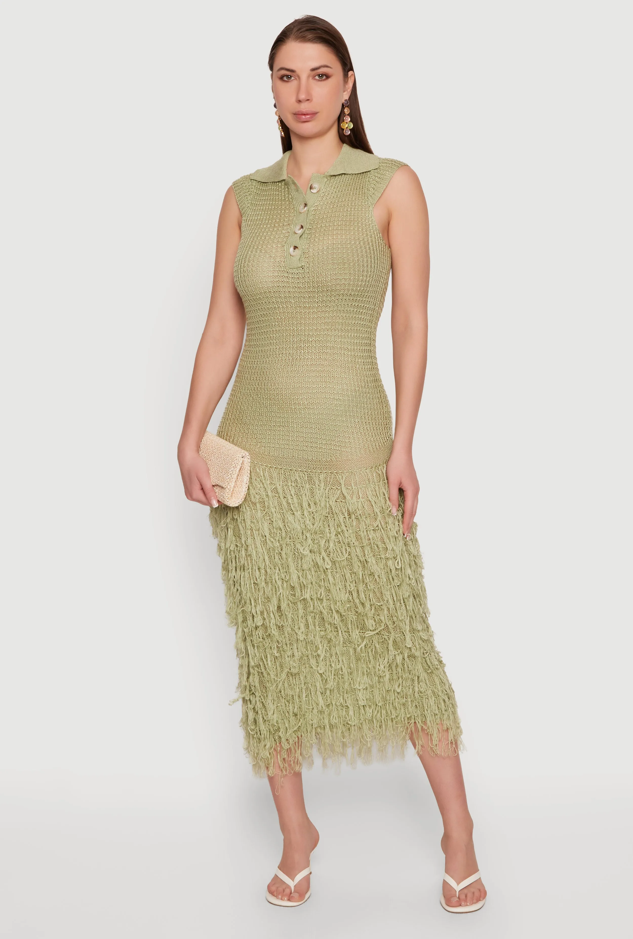 Crochet Button Front Collared Fringe Hem Dress sold by Rainbow product image thumbnail 2