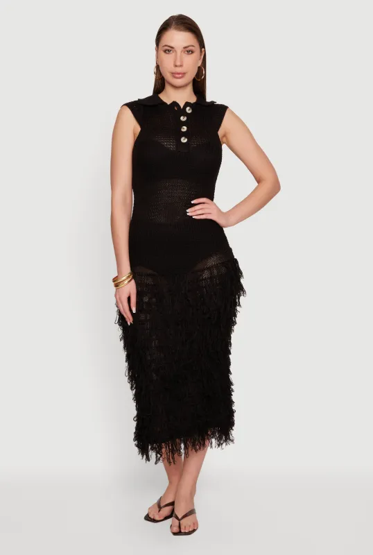 Crochet Button Front Collared Fringe Hem Dress made by Rainbow