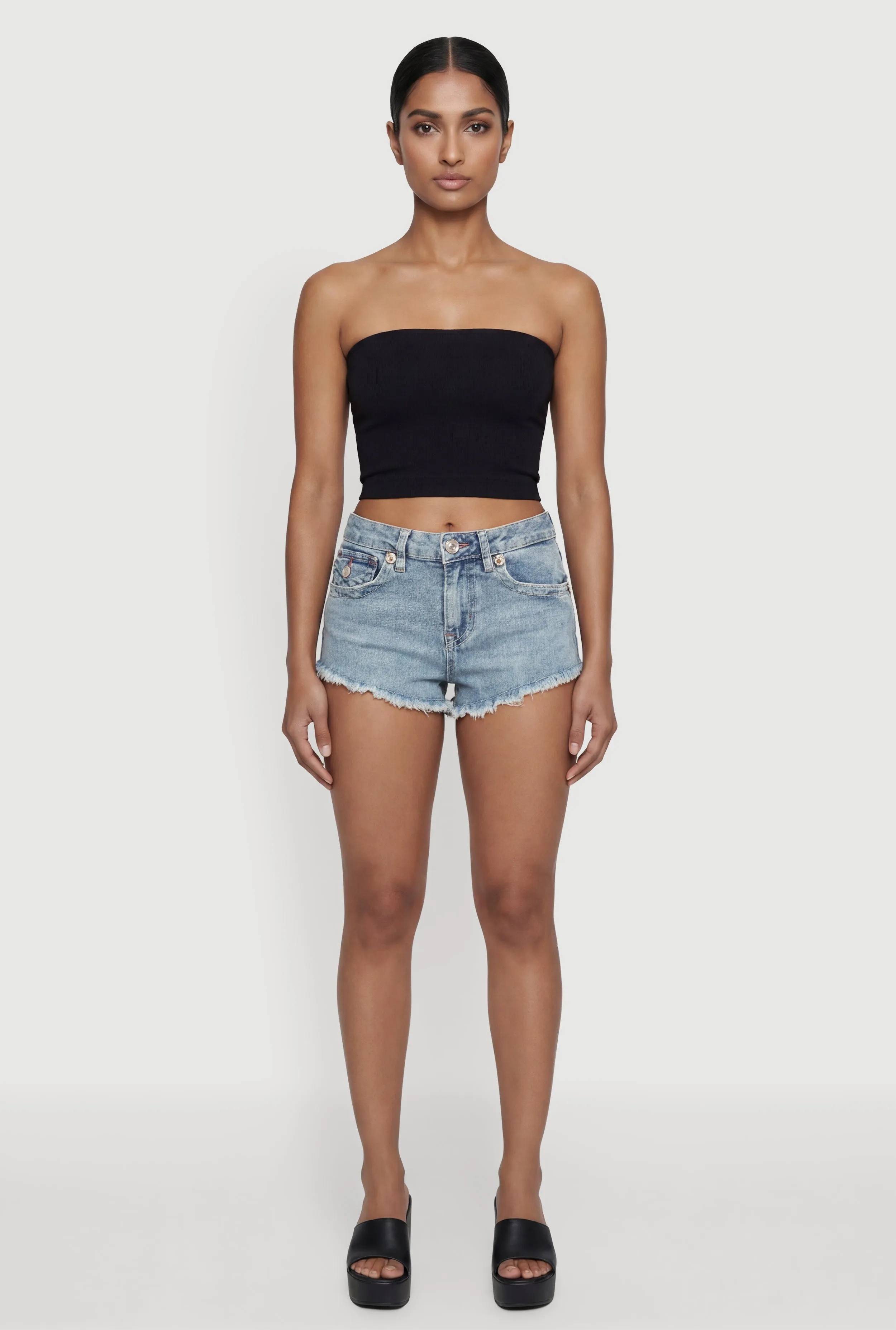 Almost Famous Frayed Hem Denim Micro Shorts sold by Rainbow