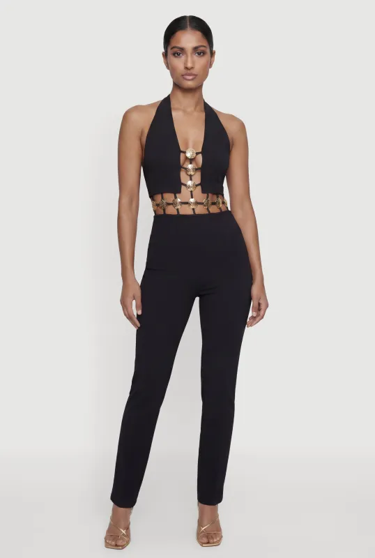 Medallion Cutout Halter Neck Jumpsuit made by Rainbow