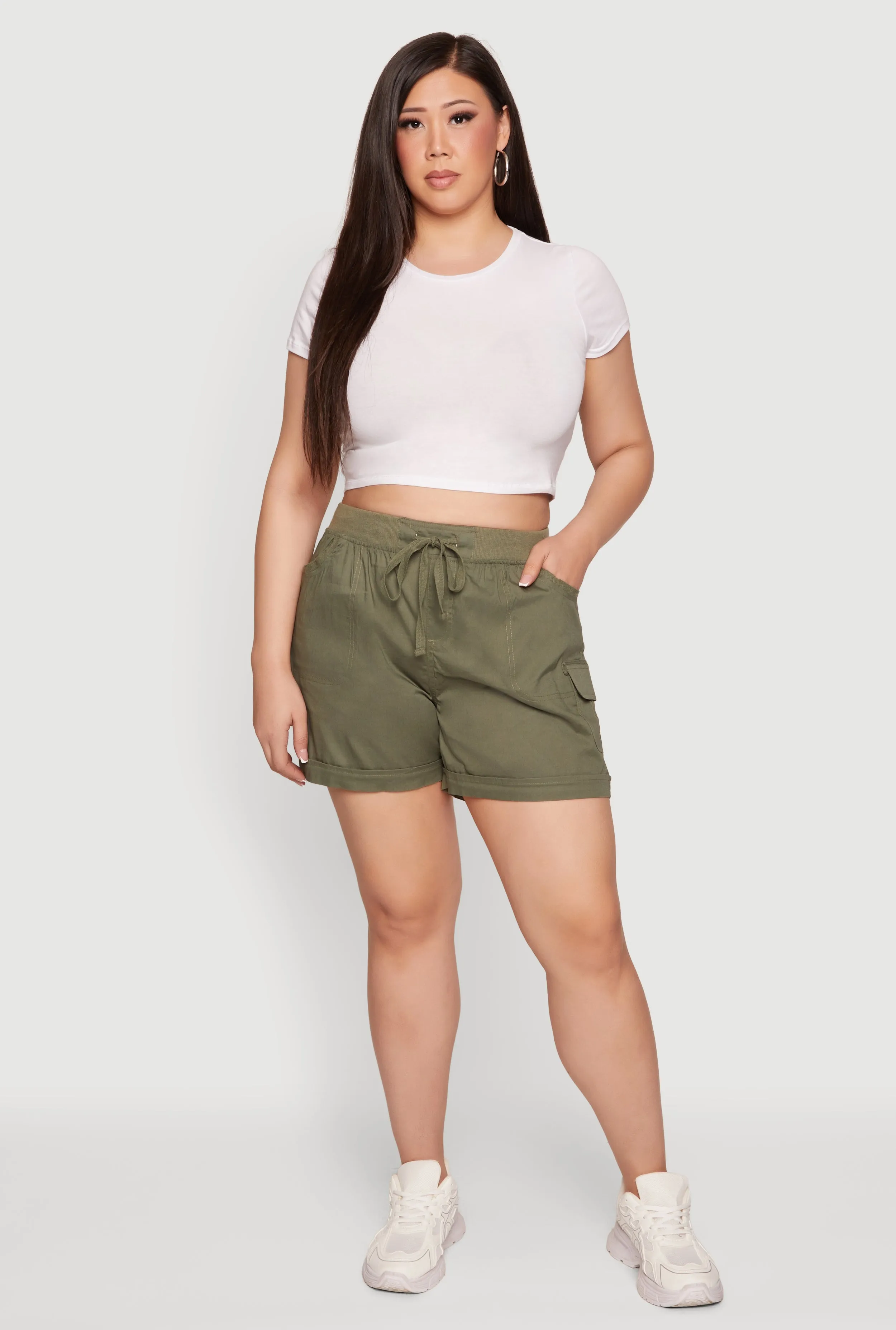Plus Size Drawstring High Waisted Poplin Cargo Shorts sold by Rainbow