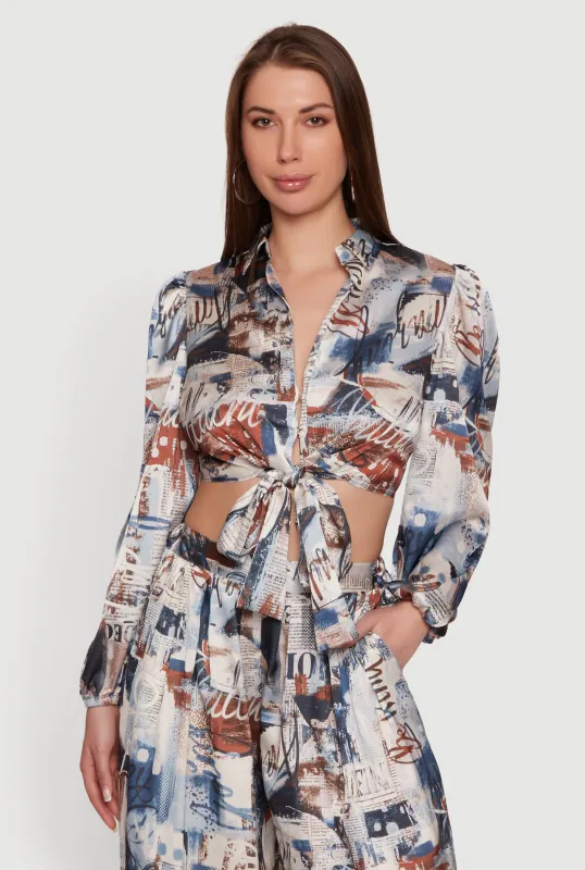 Patterned Satin Print Tie Front Crop Top made by Rainbow