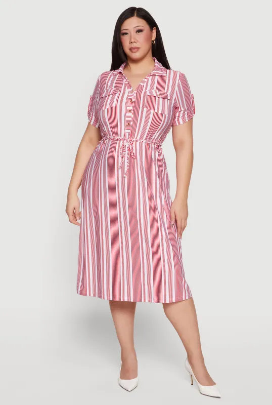 Plus Size Striped Tie Waist Belted Midi Shirt Dress made by Rainbow