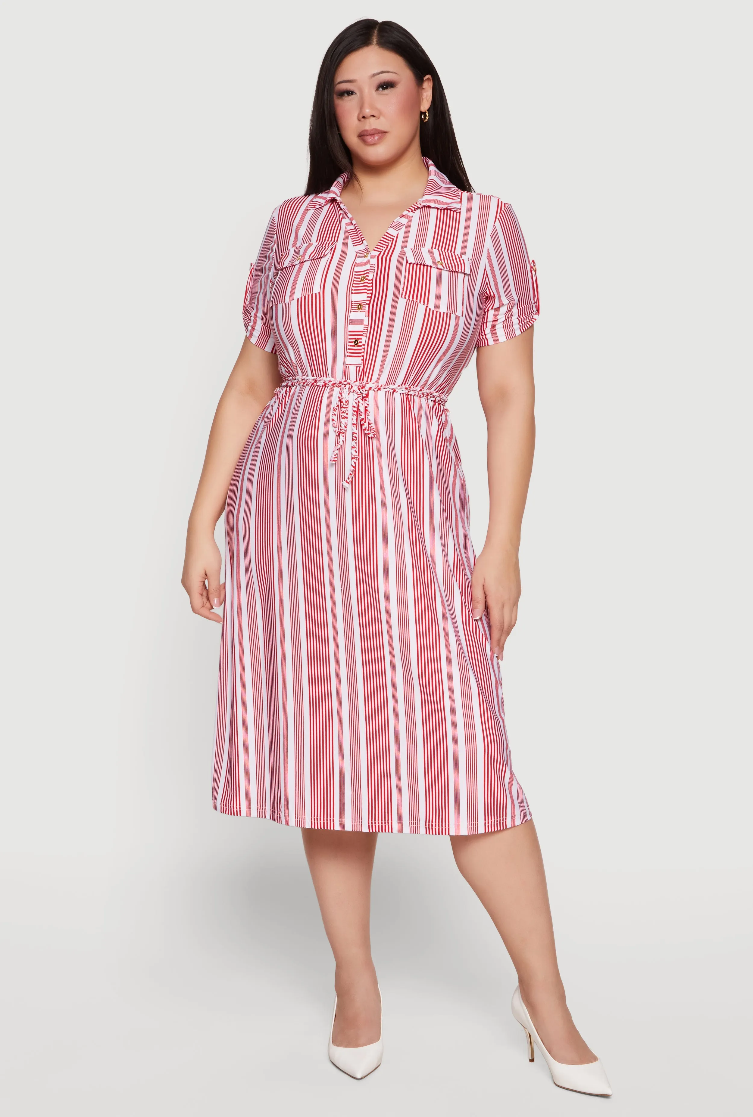 Plus Size Striped Tie Waist Belted Midi Shirt Dress sold by Rainbow