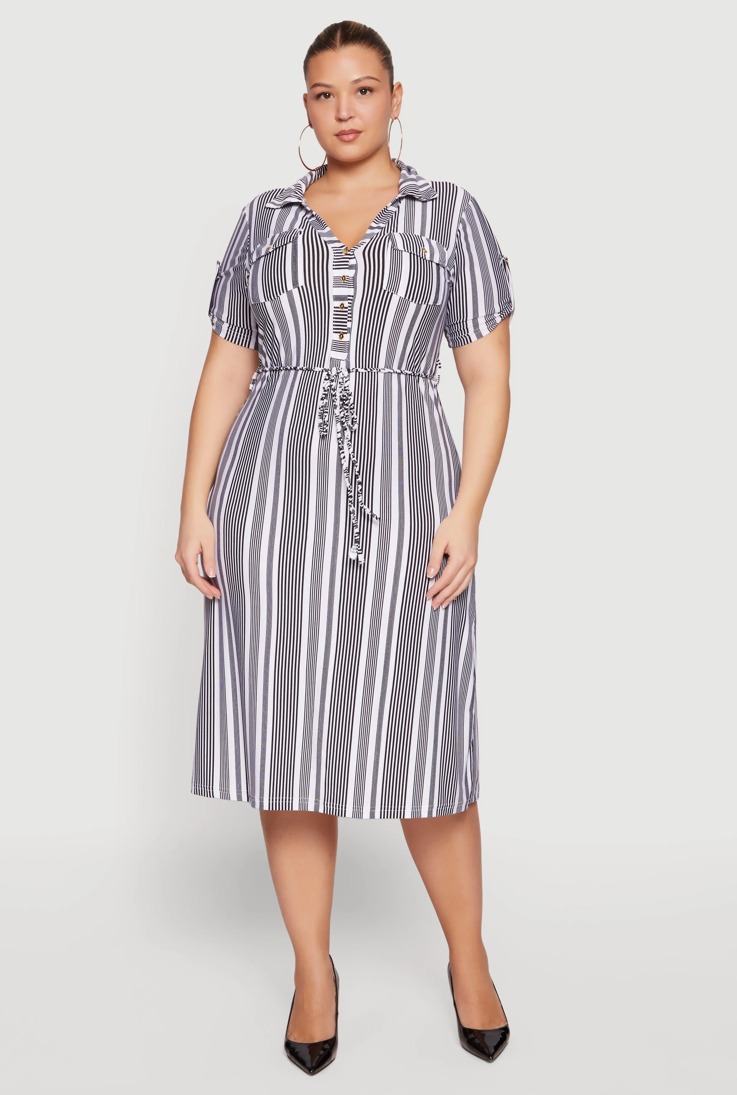 Plus Size Striped Tie Waist Belted Midi Shirt Dress sold by Rainbow product image thumbnail 2