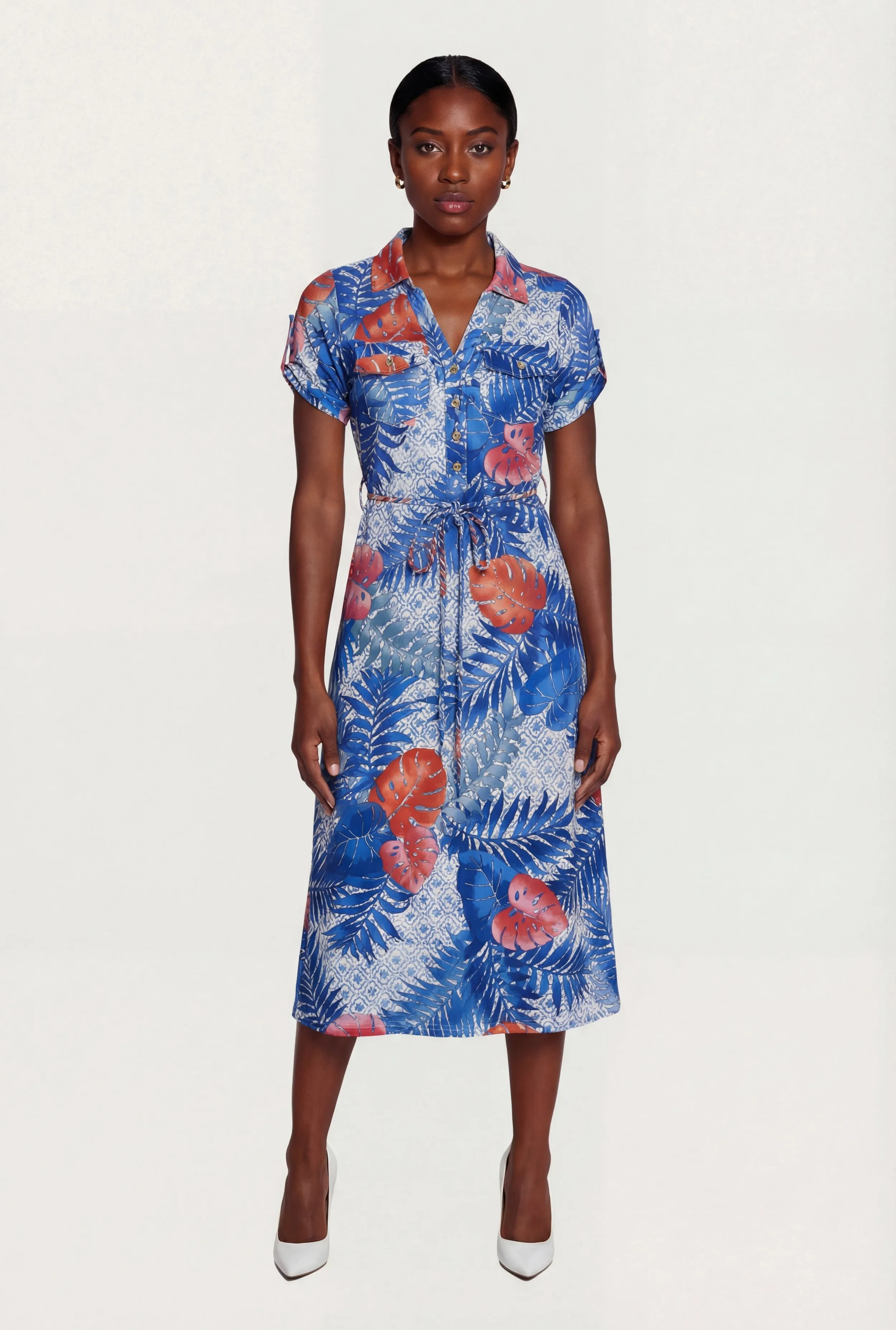 Leaf Print Tie Waist Belted Midi Shirt Dress sold by Rainbow