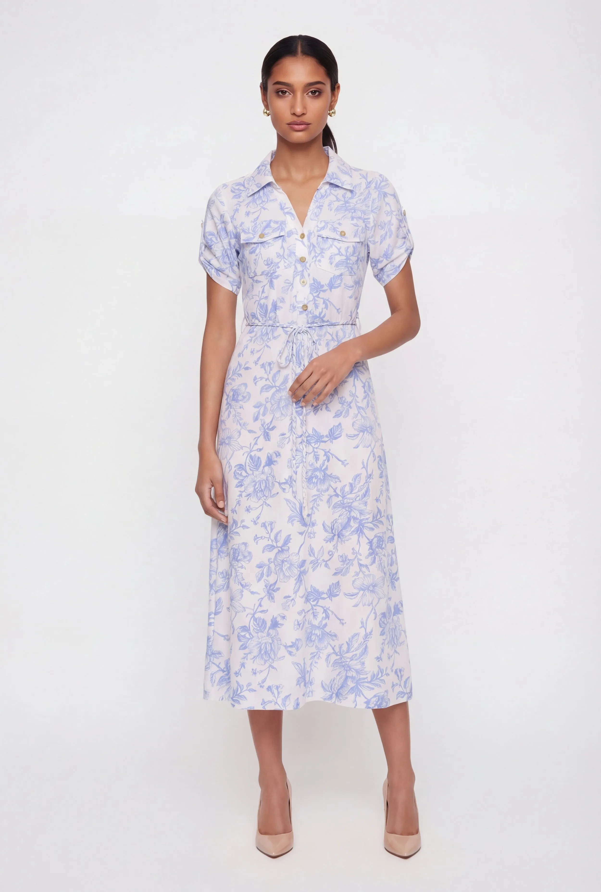 Floral Print Tie Waist Belted Midi Shirt Dress sold by Rainbow