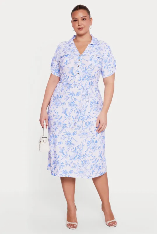Plus Size Floral Print Tie Waist Belted Shirt Dress made by Rainbow