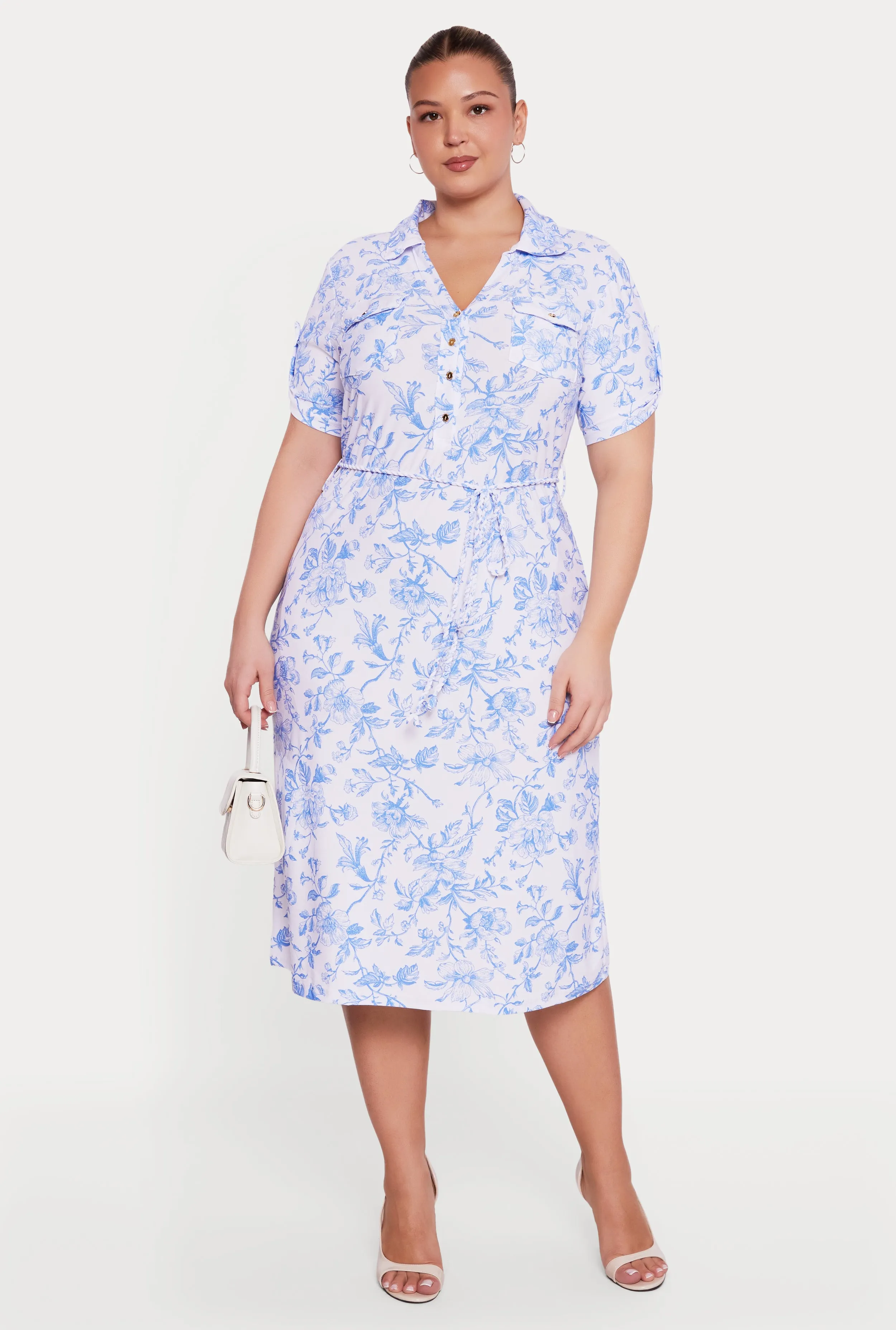 Plus Size Floral Print Tie Waist Belted Shirt Dress sold by Rainbow