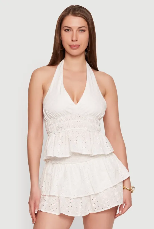 Smocked Tie Back Halter Peplum Top made by Rainbow