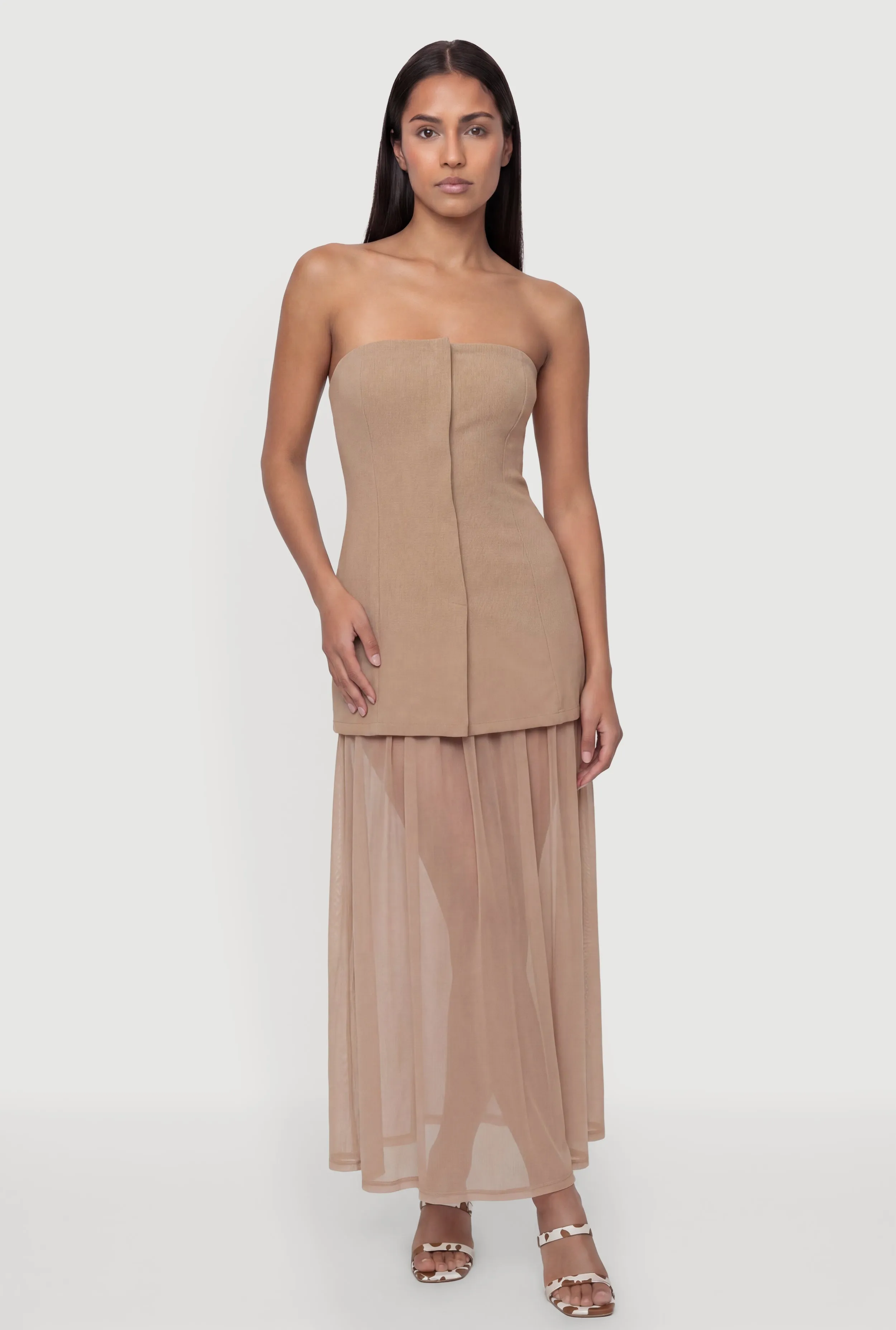 Layered Look Pintuck Detail Mesh Hem Dress sold by Rainbow