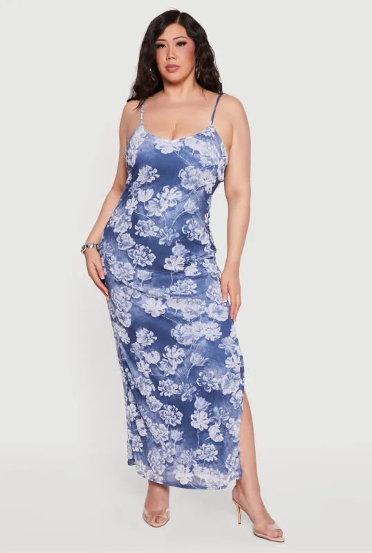 Plus Size Floral Scoop Neck Maxi Cami Dress with Side Slit made by Rainbow