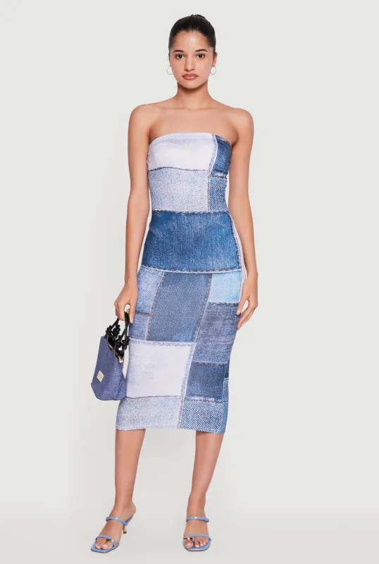 Denim Patch Patterned Midi Tube Dress made by Rainbow