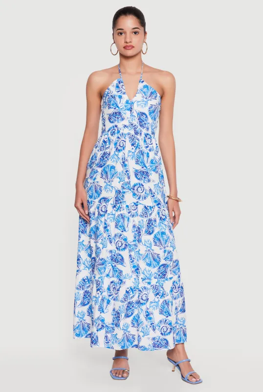 Printed Pattern Halter Neck Tiered Maxi Dress made by Rainbow