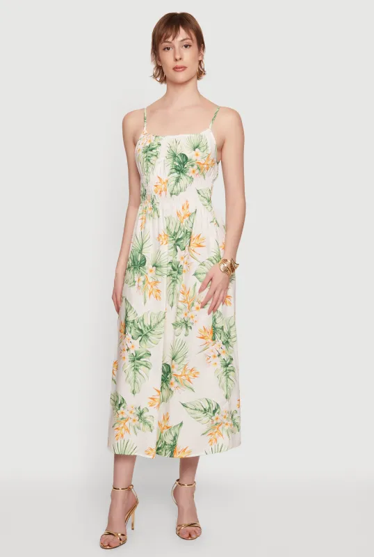 Tropical Floral Leaf Print Smocked Waist Sundress made by Rainbow
