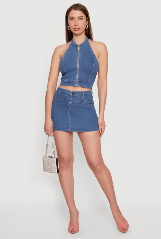 Studded Trim Denim Mini Skirt made by Rainbow