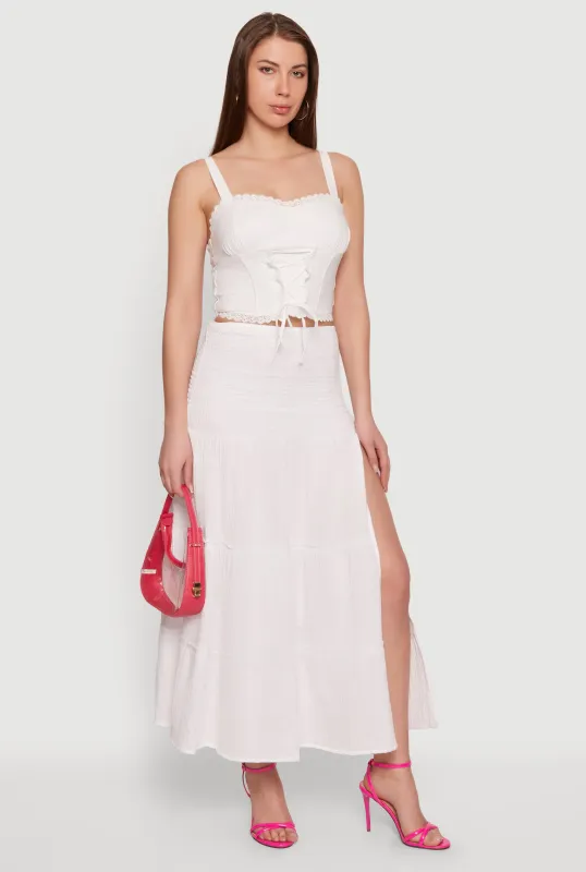 Gauze Knit Side Slit Tiered Maxi Skirt made by Rainbow