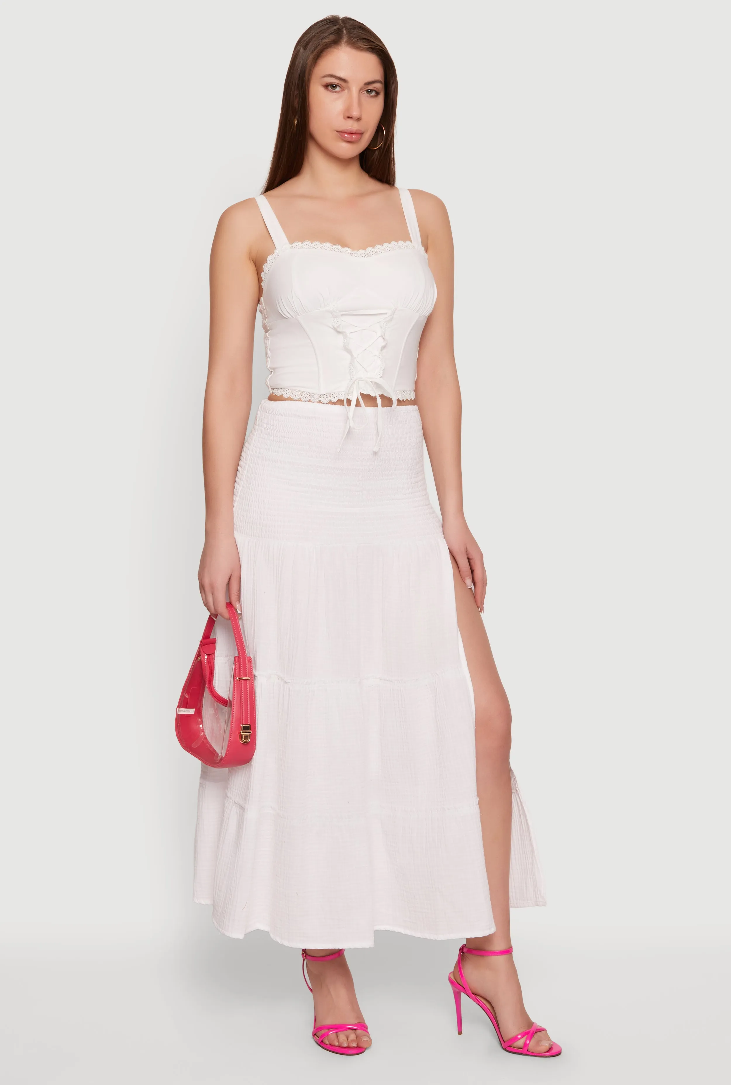 Gauze Knit Side Slit Tiered Maxi Skirt sold by Rainbow