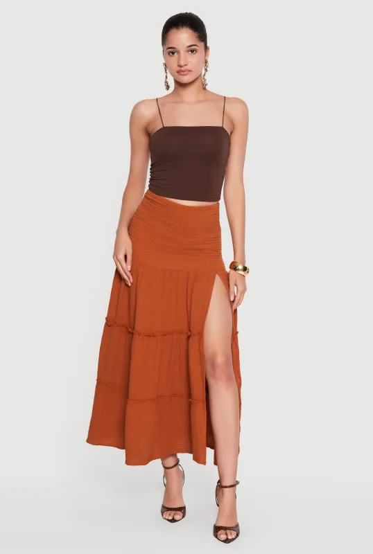Gauze Knit Side Slit Tiered Maxi Skirt made by Rainbow