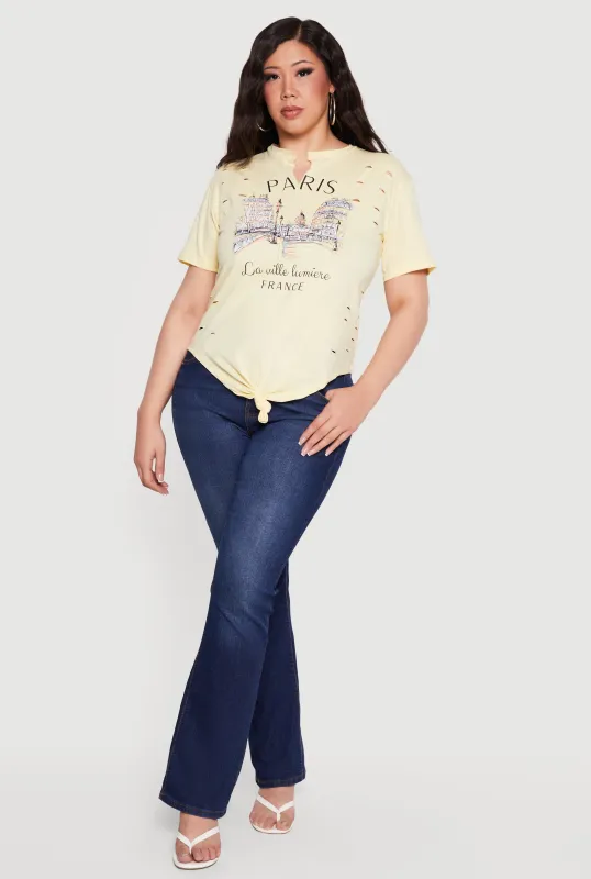 Plus Size Distressed Paris Graphic Knot Front Tee made by Rainbow