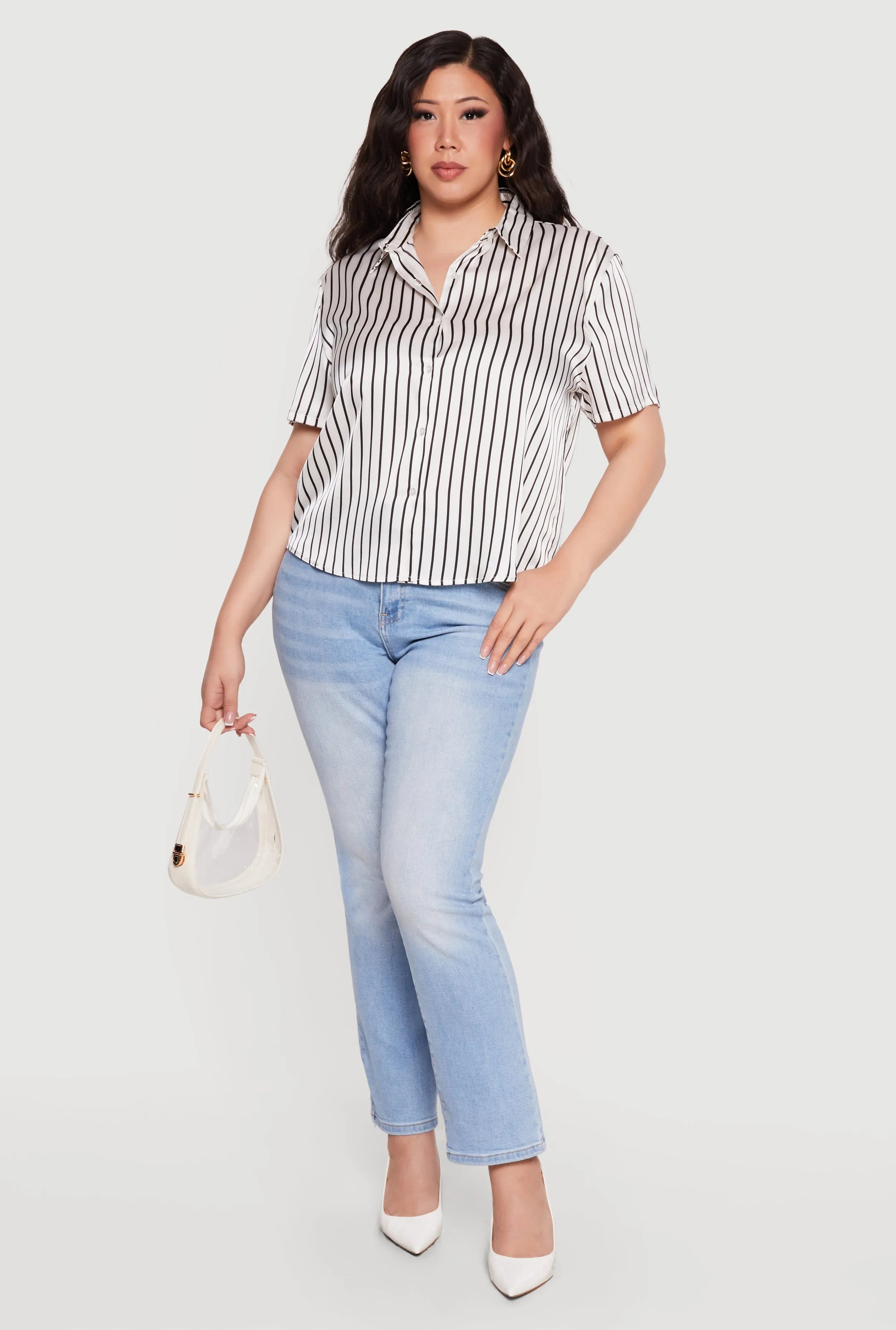 Plus Size Satin Short Sleeve Striped Button Front Shirt sold by Rainbow product image thumbnail 2