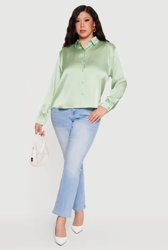 Plus Size Satin Button Front Long Sleeve Shirt made by Ambiance