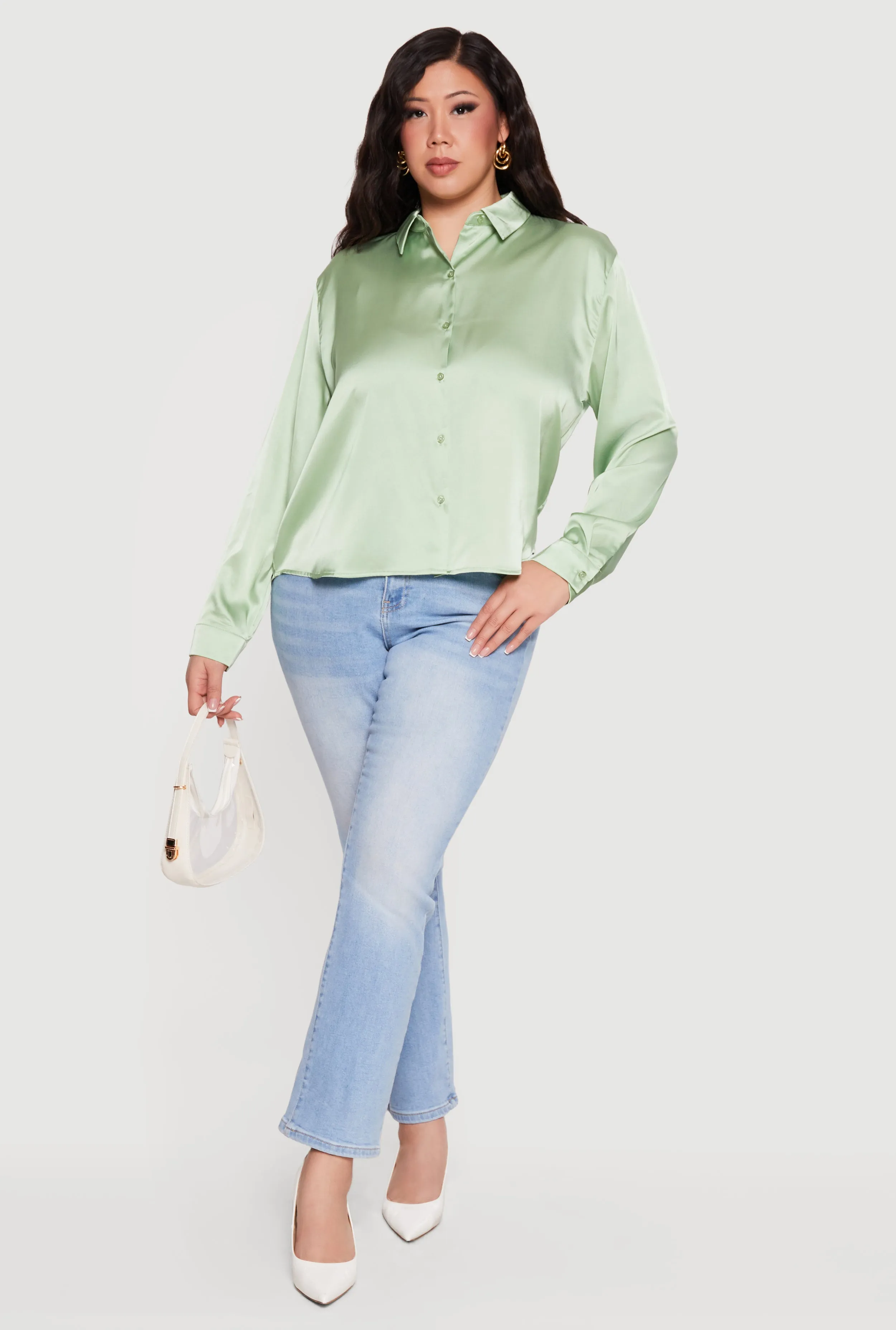 Plus Size Satin Button Front Long Sleeve Shirt sold by Rainbow