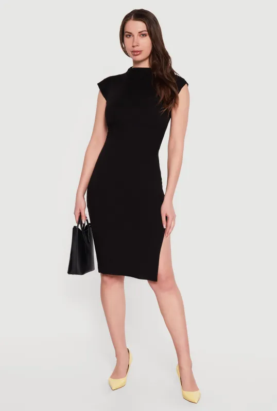 Brushed Knit Mock Neck Side Ruched Midi Dress made by Rainbow