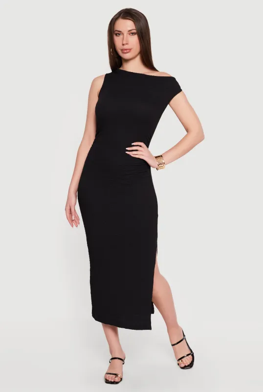 Textured Knit Sleeveless One Shoulder Midi Dress made by Rainbow