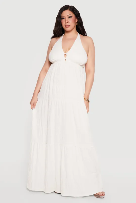 Plus Size Textured Knit Tiered Halter Maxi Dress made by Rainbow