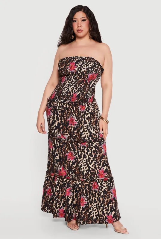 Plus Size Floral Animal Print Ruffle Tiered Tube Maxi Dress made by Rainbow