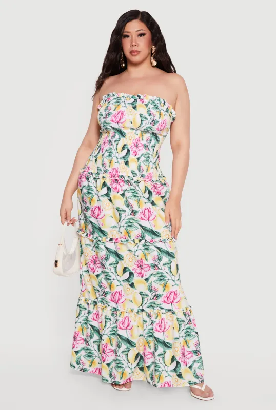 Plus Size Floral Lemon Print Smocked Strapless Maxi Dress made by Rainbow