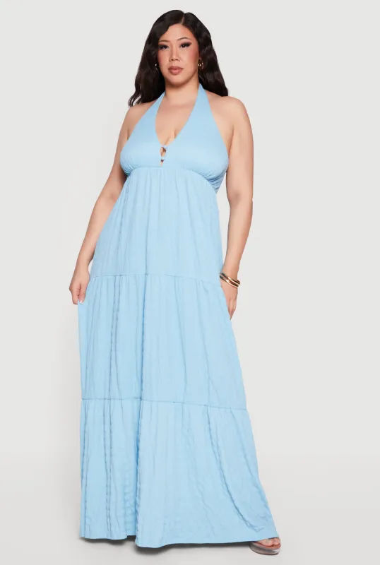 Plus Size Textured Knit Tiered Halter Maxi Dress made by Rainbow