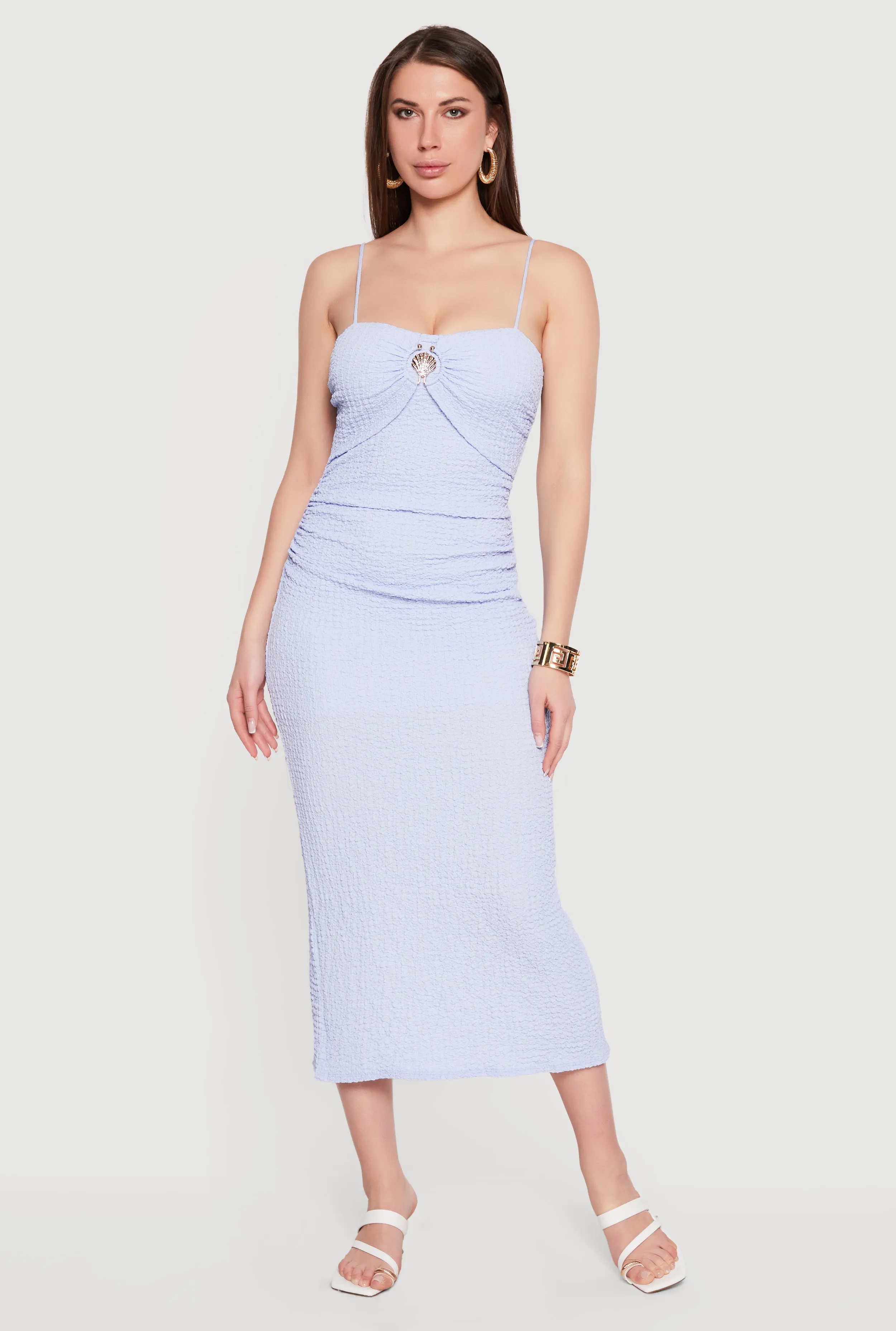 Metallic Detail Textured Knit Back Slit Midi Dress sold by Rainbow