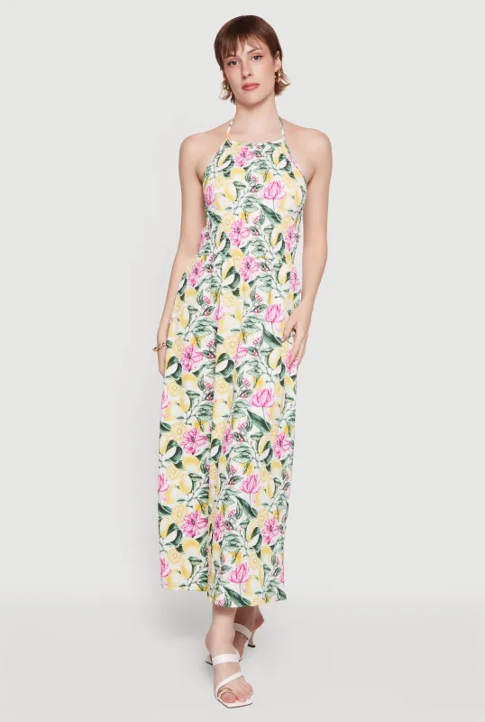 Floral Lemon Print Tie Back Halter Dress with Keyhole Back made by Rainbow