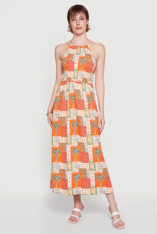 Palm Tree Print Tie Back Halter Dress with Keyhole Back made by Rainbow