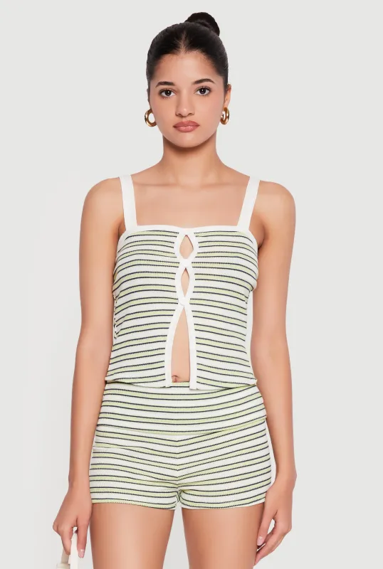 Faux Button Front Striped Cami with Keyholes made by Rainbow