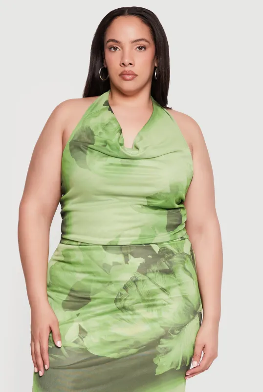 Plus Size Floral Print Cowl Neck Tie Back Halter Top made by Rainbow