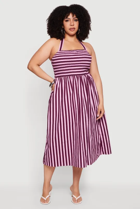 Plus Size Striped Poplin Halter Midi Dress made by Rainbow