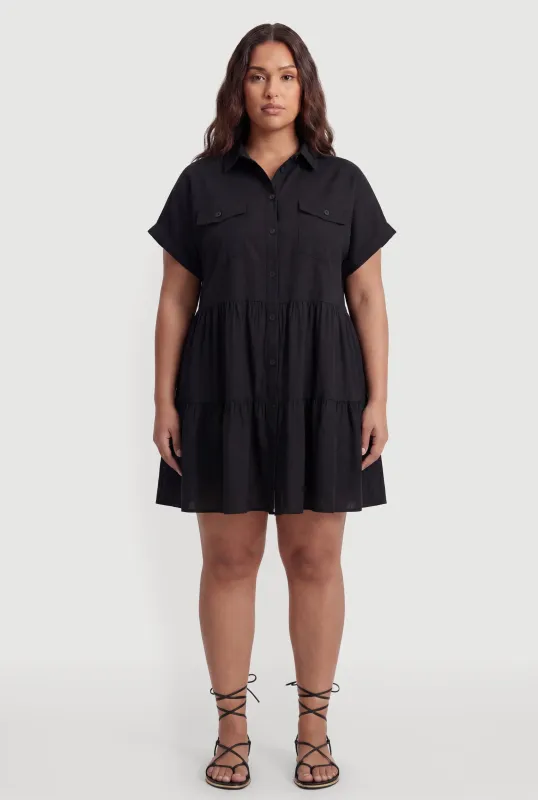 Plus Size Ruffle Tiered Button Front Shirt Dress made by Rainbow