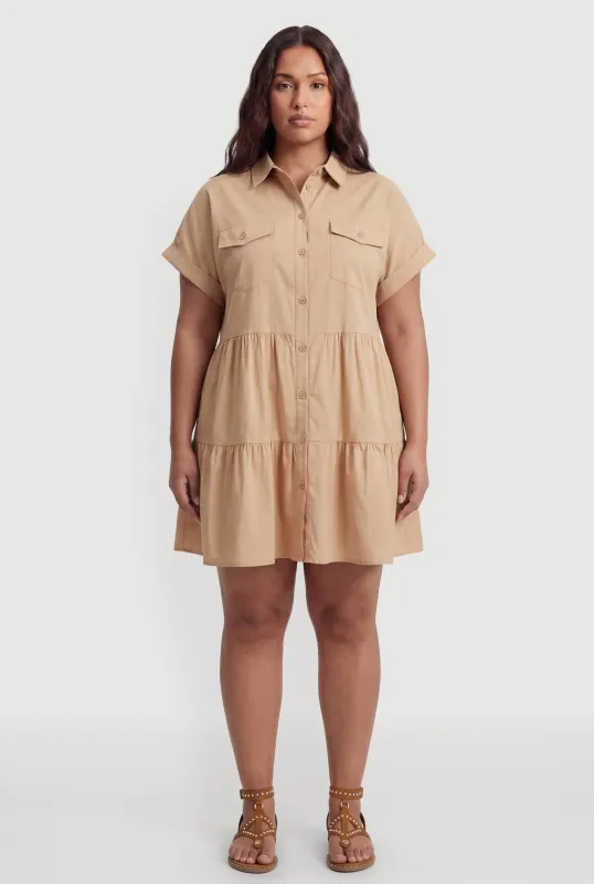 Plus Size Ruffle Tiered Button Front Shirt Dress made by Rainbow