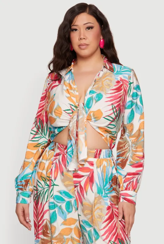 Plus Size Printed Pattern Tie Front Crop Top made by Rainbow