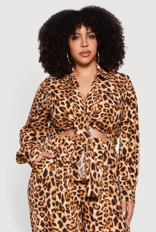 Plus Size Printed Pattern Tie Front Crop Top made by Rainbow