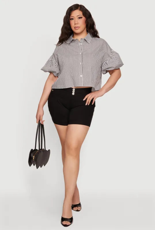 Plus Size Striped Bubble Sleeves Crop Shirt made by Rainbow