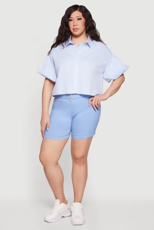 Plus Size Striped Bubble Sleeves Crop Shirt made by Rainbow