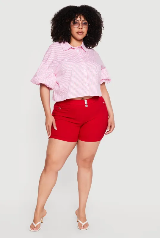 Plus Size Striped Bubble Sleeves Crop Shirt made by Rainbow