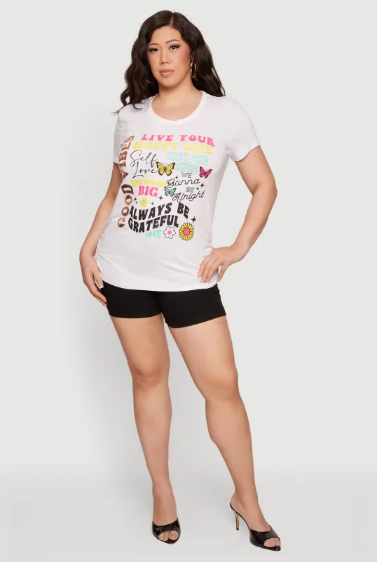 Plus Size Sequin Good Vibes Graphic Side Ruched Tee made by Rainbow