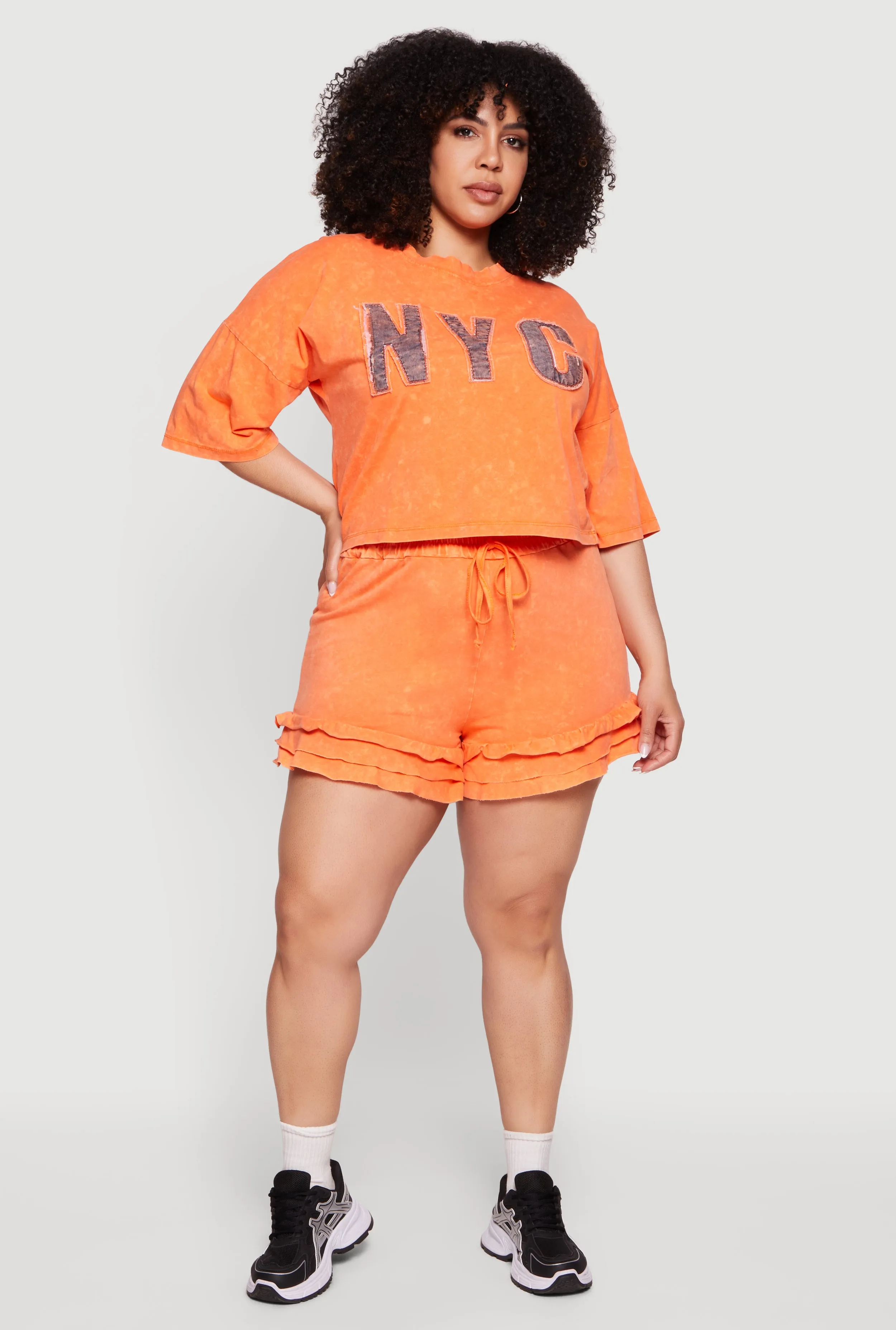 Plus Size Acid Wash Ruffle Trim Shorts sold by Rainbow